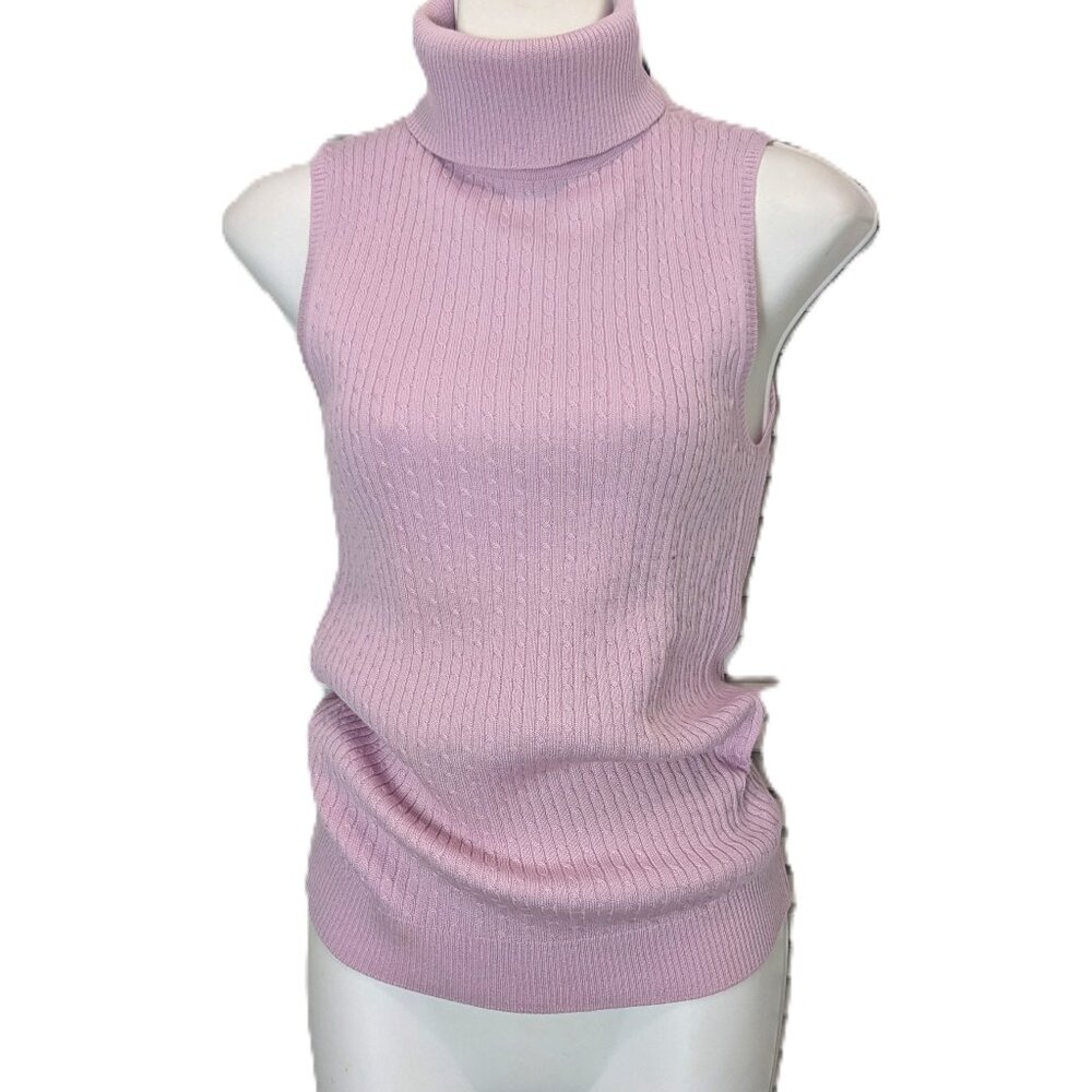 ST. JOHN Sleeveless Turtleneck Sweater Cable Knit Wool Lavender Pastel Sz Small